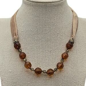 Amber Faceted Glass Bead Necklace Velvet Ribbon Tie Warm Earth Tone Romantic